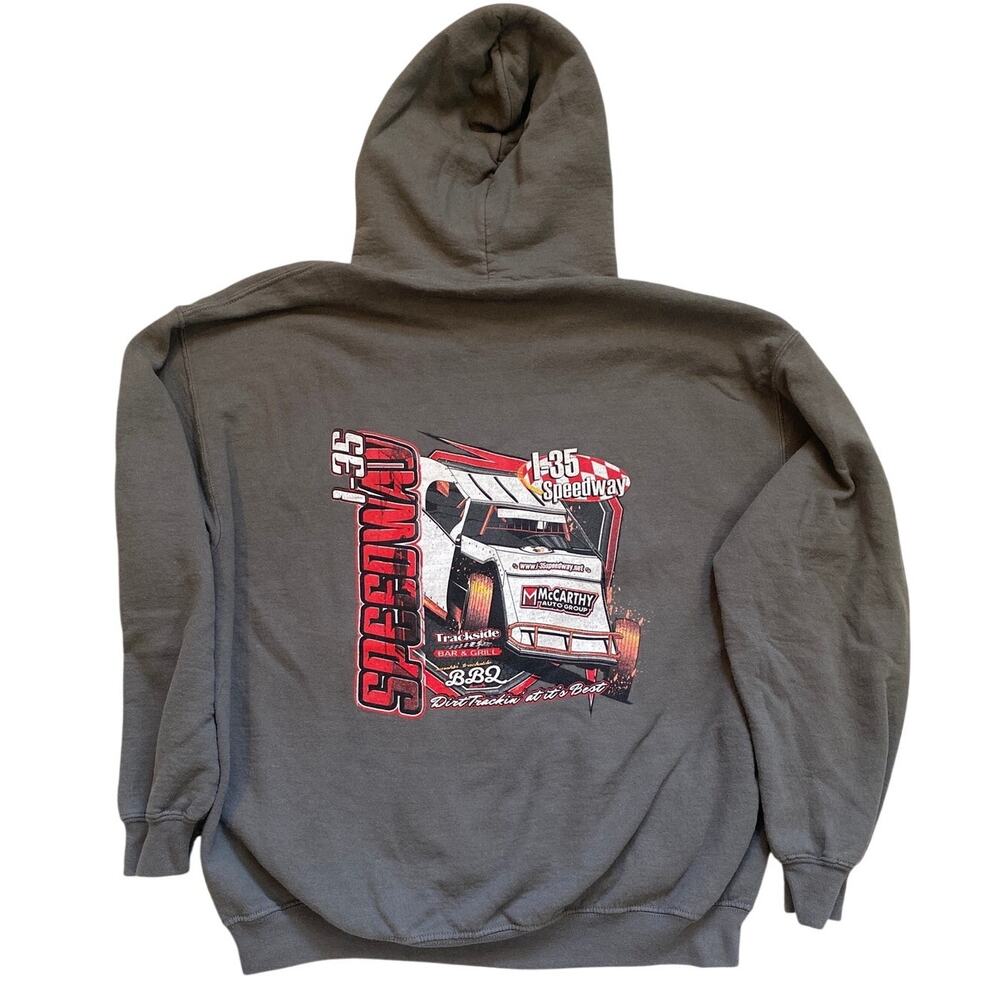 Gildan I-35 Speedway Dirt Track Racing Graphic Hoodie Gray Heavy Blend Large